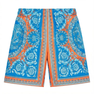 Versace shorts featuring intricate blue and orange baroque pattern available at Lestyle Boutique Melbourne