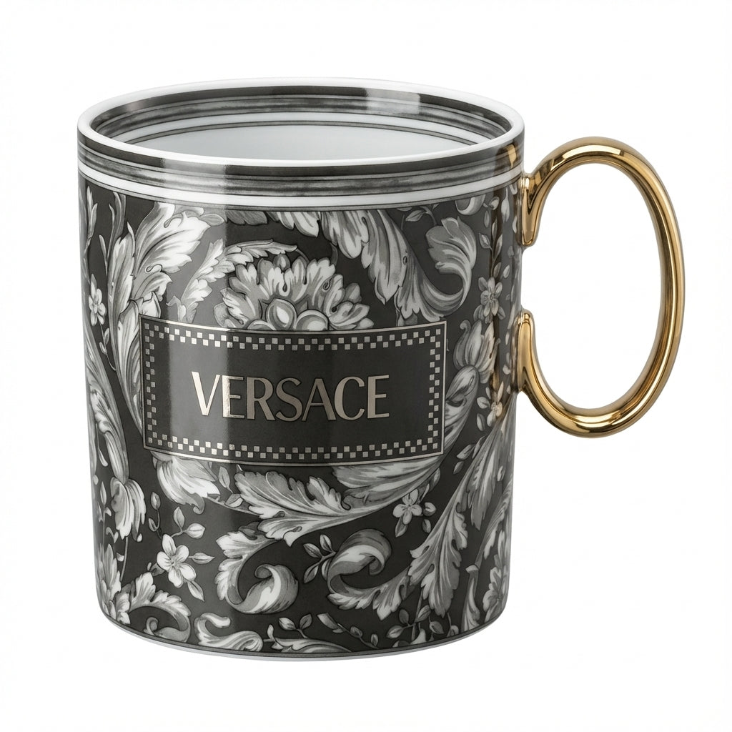 Versace Mug Barocco Haze featuring intricate floral design available at Lestyle Boutique Melbourne