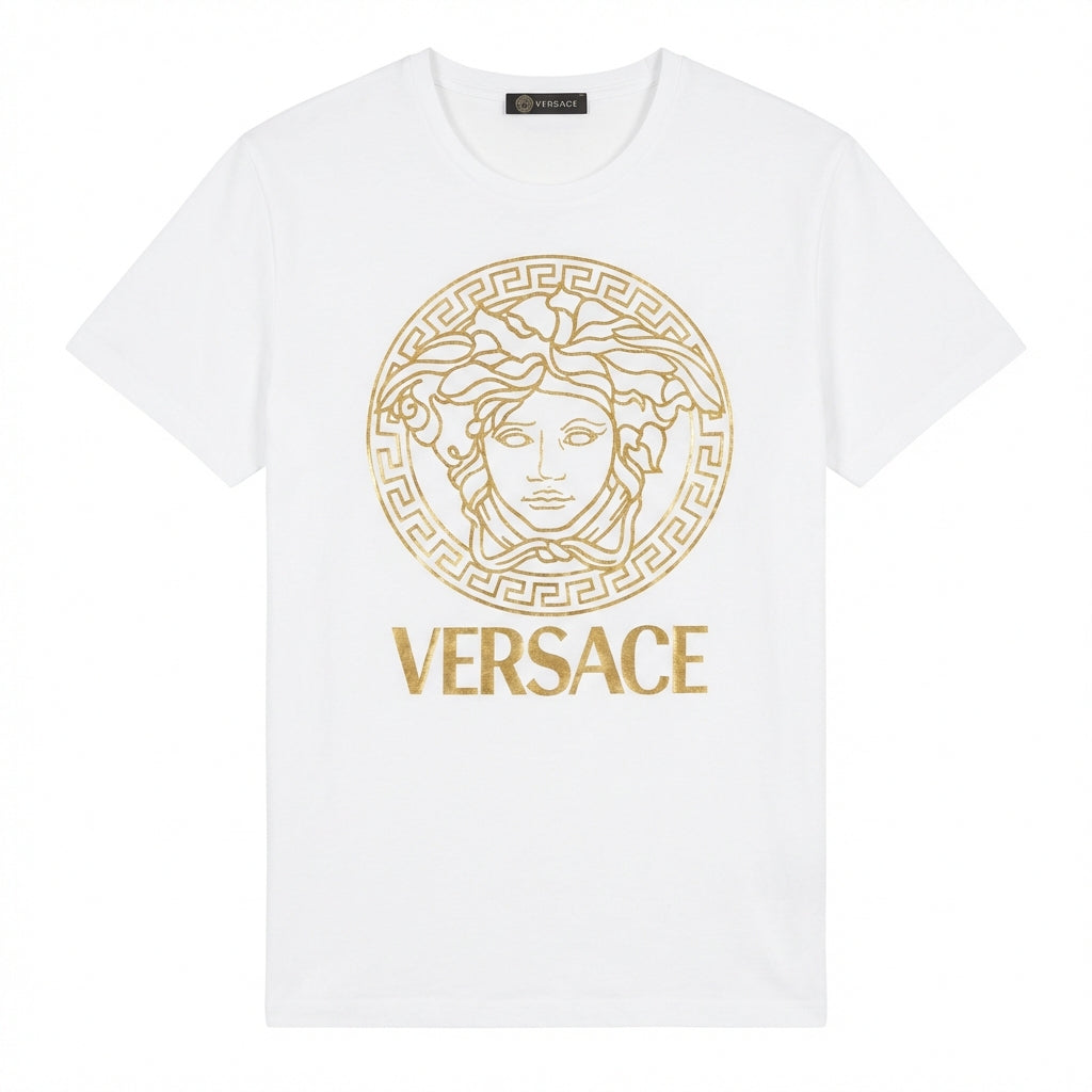 Versace T-shirt featuring gold Medusa logo available at Lestyle Boutique Melbourne