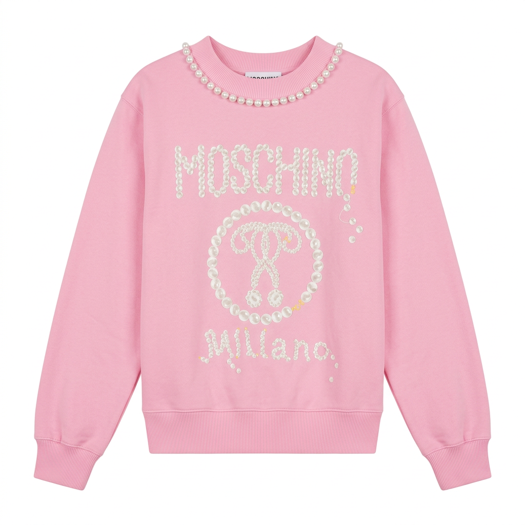 Moschino pink sweatshirt featuring pearl embellishments available at Lestyle Boutique Melbourne