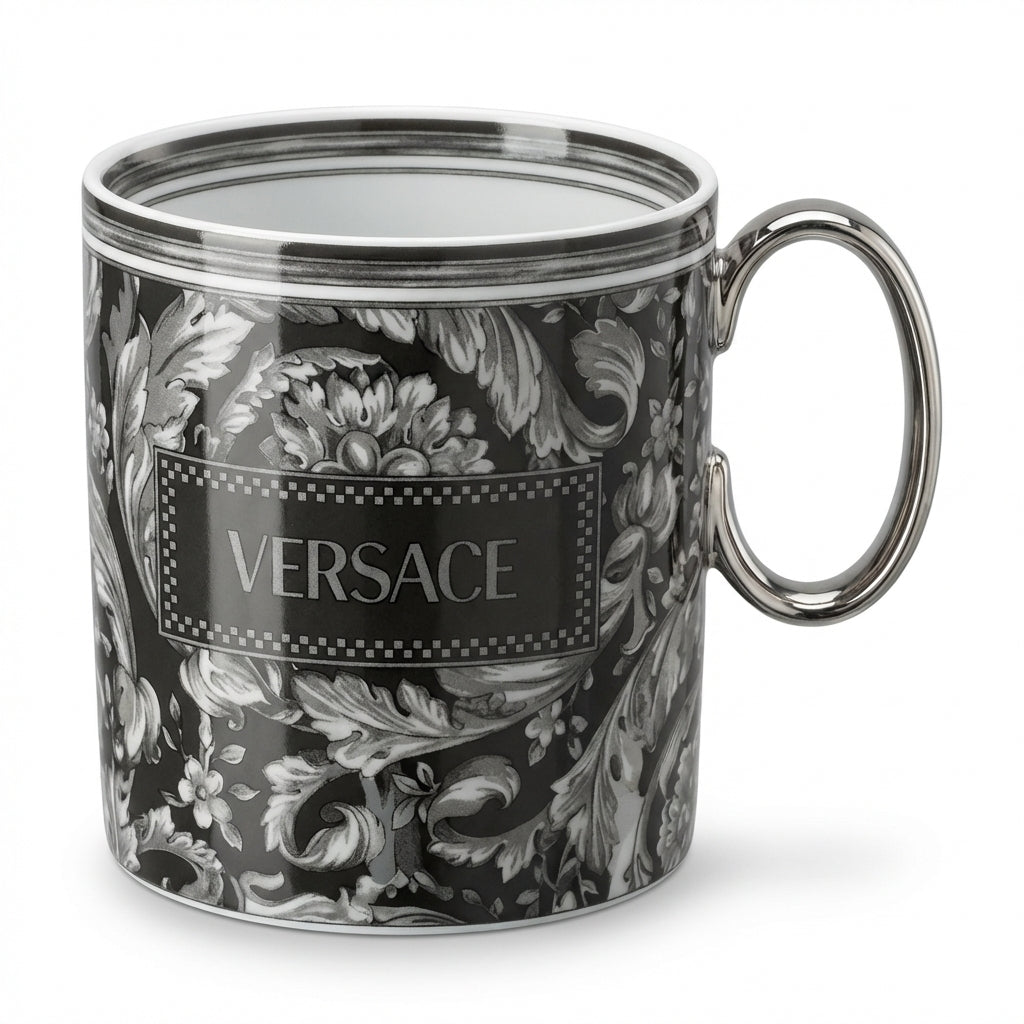 Versace mug cup featuring black floral pattern available at Lestyle Boutique Melbourne