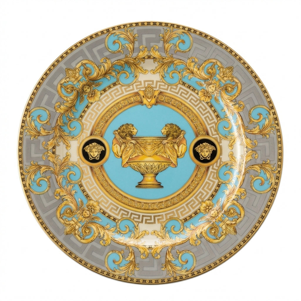 Versace 30cm plate featuring gold and blue ornate design available at Lestyle Boutique Melbourne