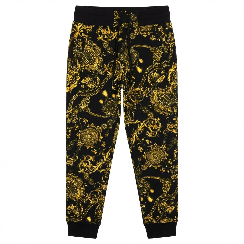 Versace Jeans Couture men's pants featuring a bold gold baroque print available at Lestyle Boutique Melbourne