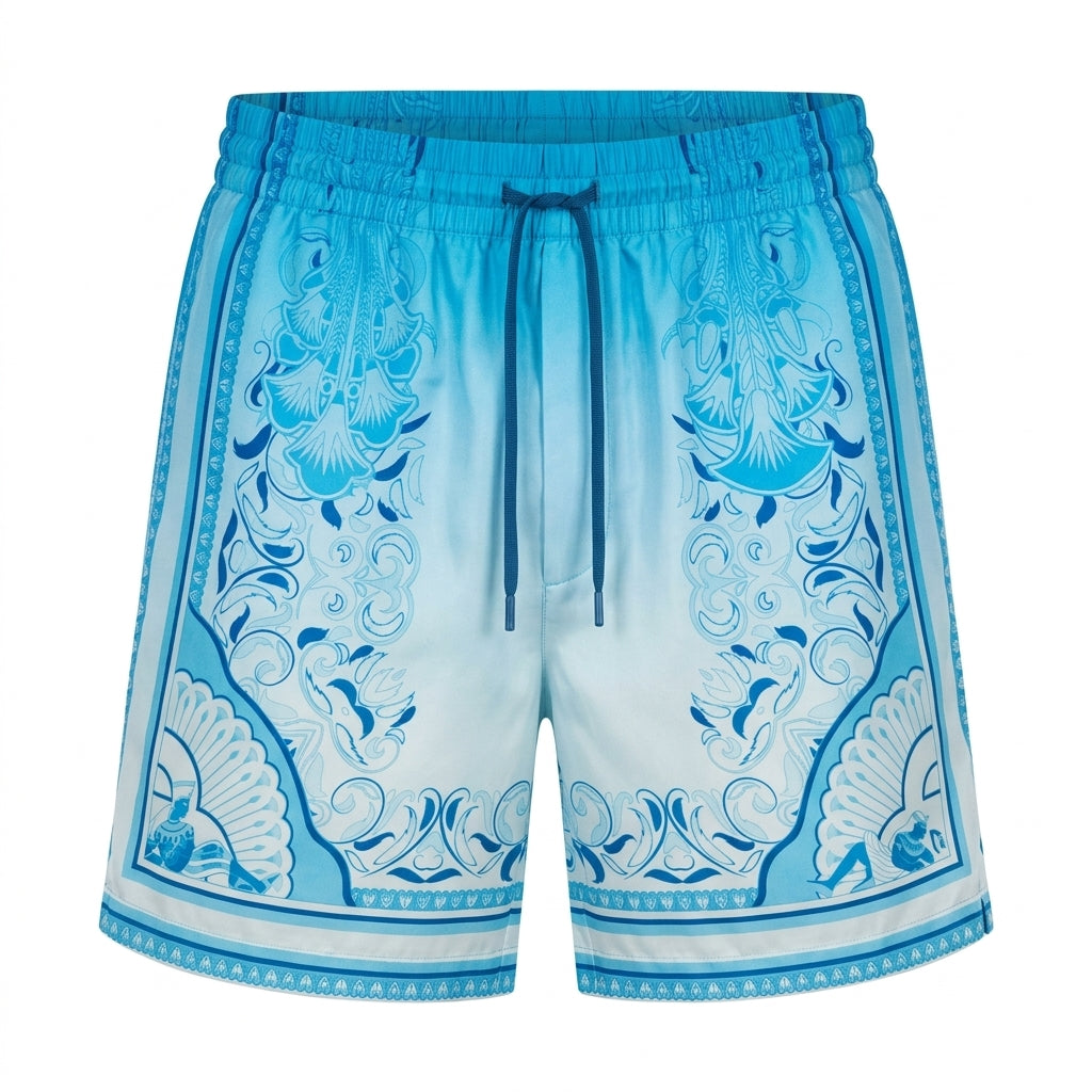Casablanca shorts featuring intricate blue and white pattern available at Lestyle Boutique Melbourne