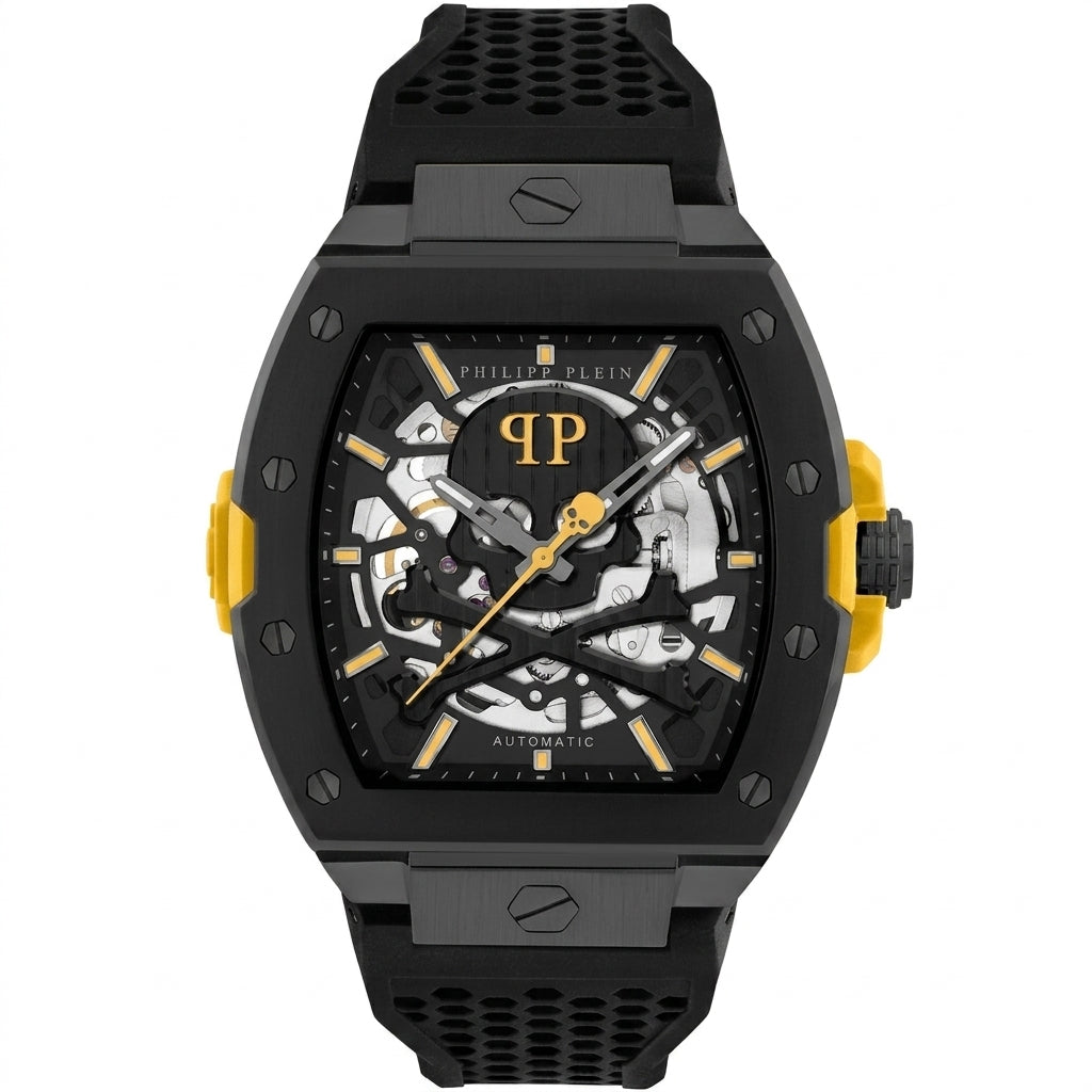 Philipp Plein Skeleton 2.0 watch featuring stainless steel case and yellow accents available at Lestyle Boutique Melbourne
