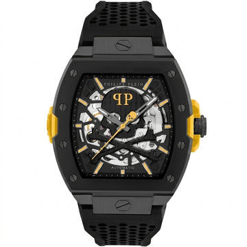 Philipp Plein Skeleton 2.0 watch featuring stainless steel case and yellow accents available at Lestyle Boutique Melbourne