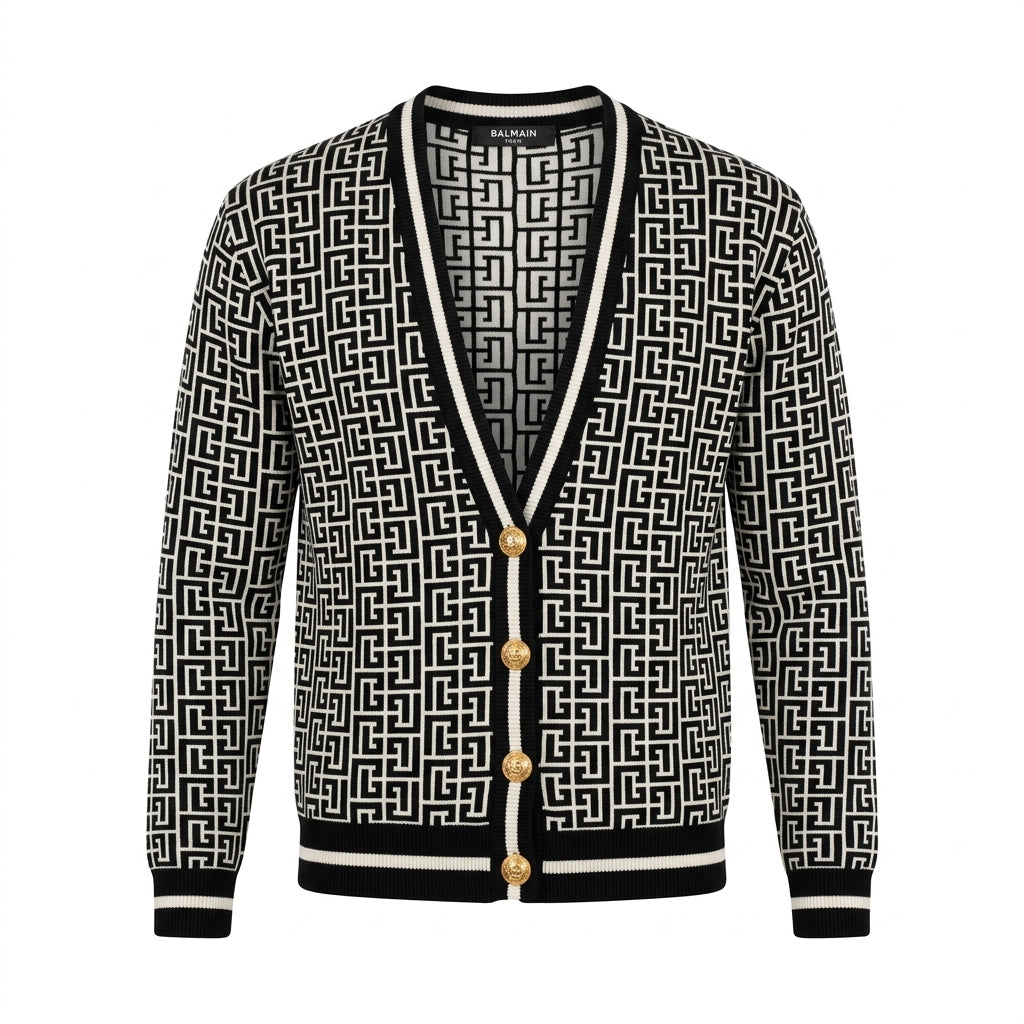 BALMAIN cardigan featuring iconic all-over logo pattern available at Lestyle Boutique Melbourne
