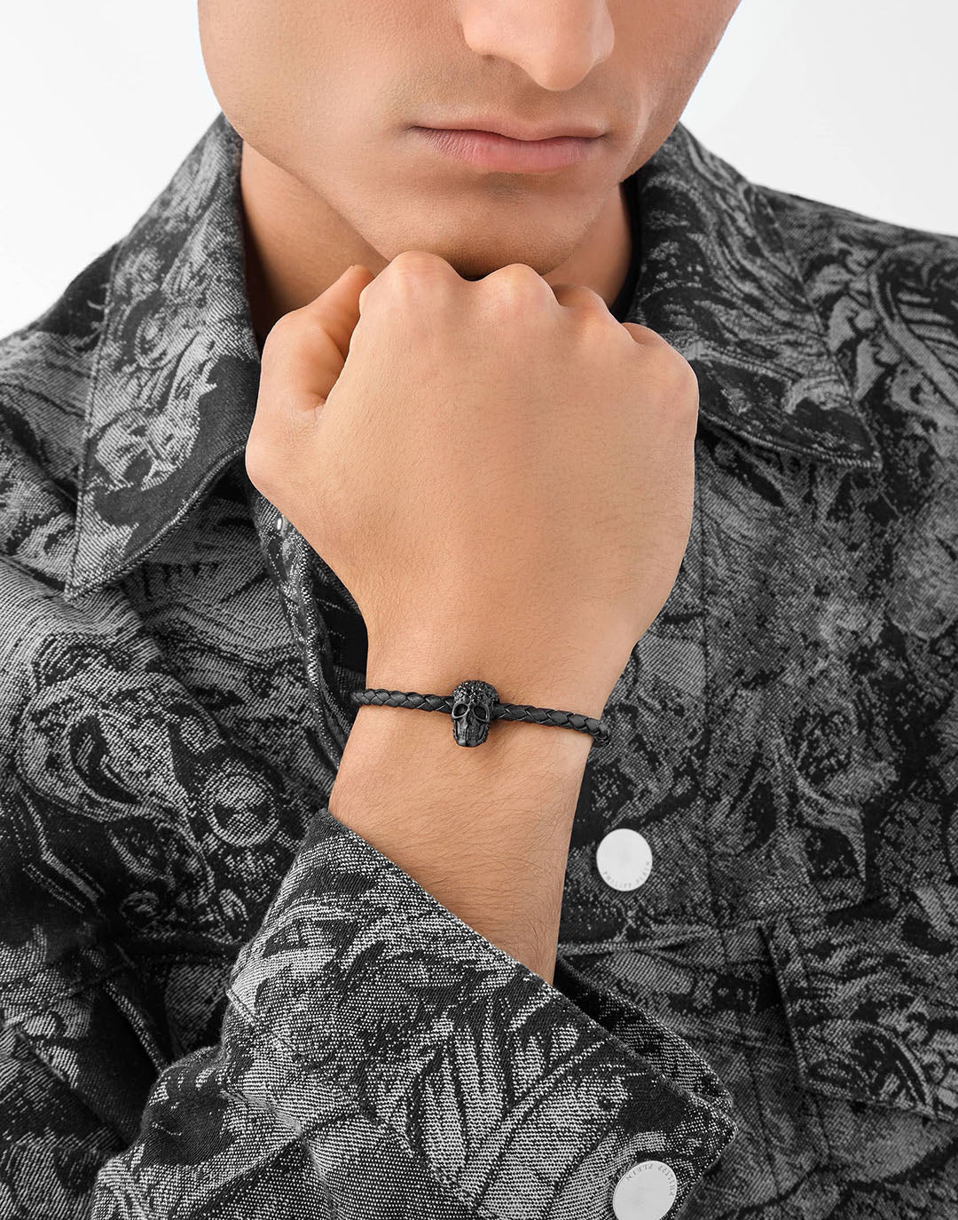 Plein Elite IP black crystal skull leather bracelet featuring a skull with black crystals available at Lestyle Boutique Melbourne