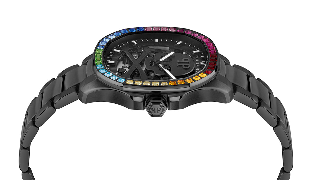 Philipp Plein Skeleton Spectre 42mm watch featuring colorful gemstones on bezel available at Lestyle Boutique Melbourne
