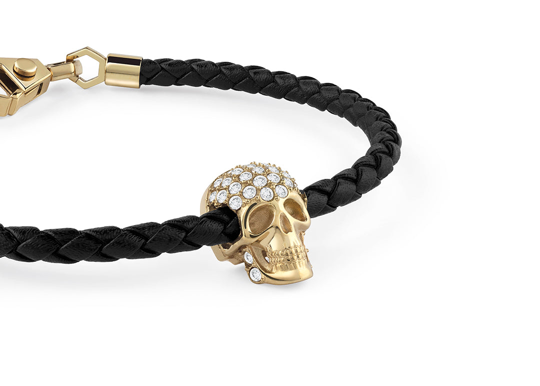 Philipp Plein PLEIN ENIGMA IP Yellow Gold crystal skull leather bracelet available at Lestyle Boutique Melbourne