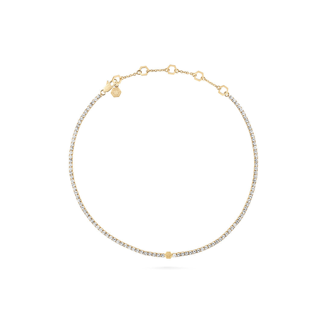 Plein Tennis IP Yellow gold White crystals 3D hexagon necklace available at Lestyle Boutique Melbourne
