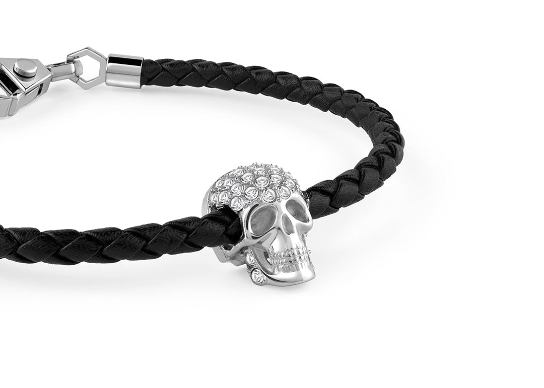 Plein Enigma stainless steel skull leather bracelet featuring crystal stones available at Lestyle Boutique Melbourne