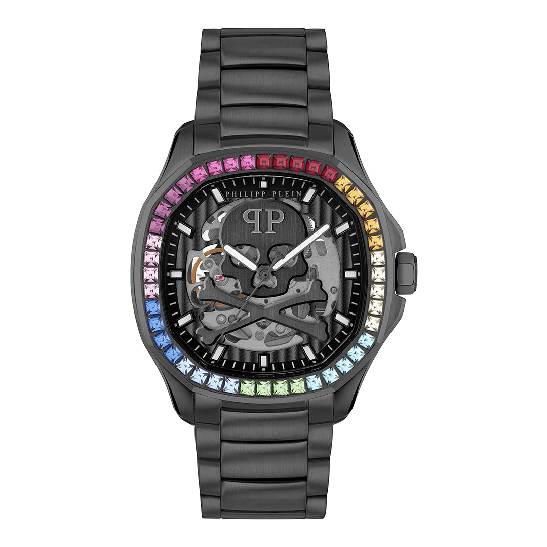 Philipp Plein Skeleton Spectre 42mm watch featuring colorful gemstones on bezel available at Lestyle Boutique Melbourne