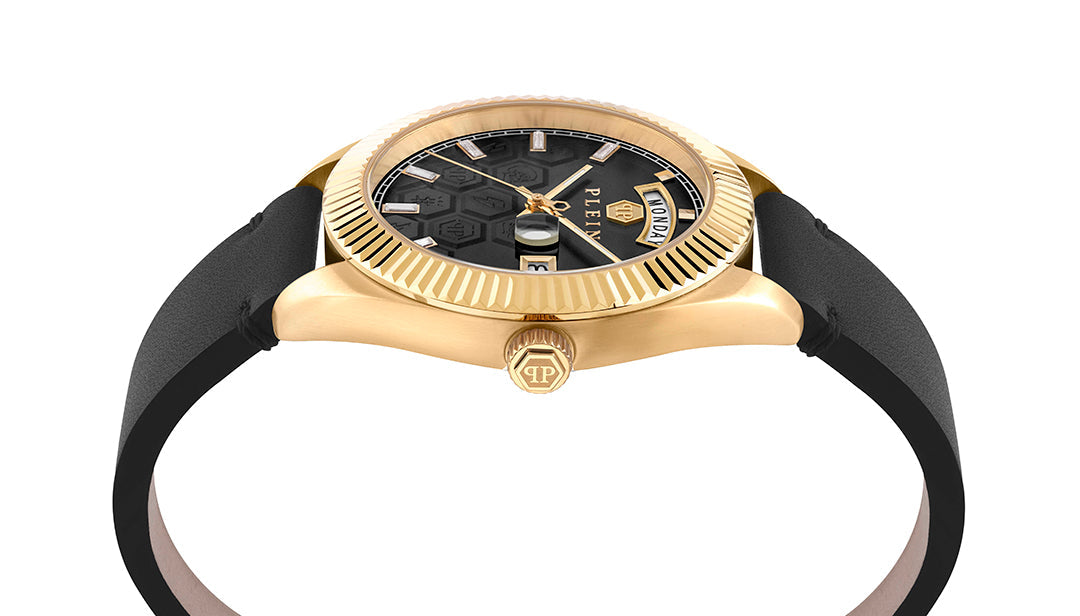 Philipp Plein date superlative gent watch with black dial and 42mm gold case available at Lestyle Boutique Melbourne