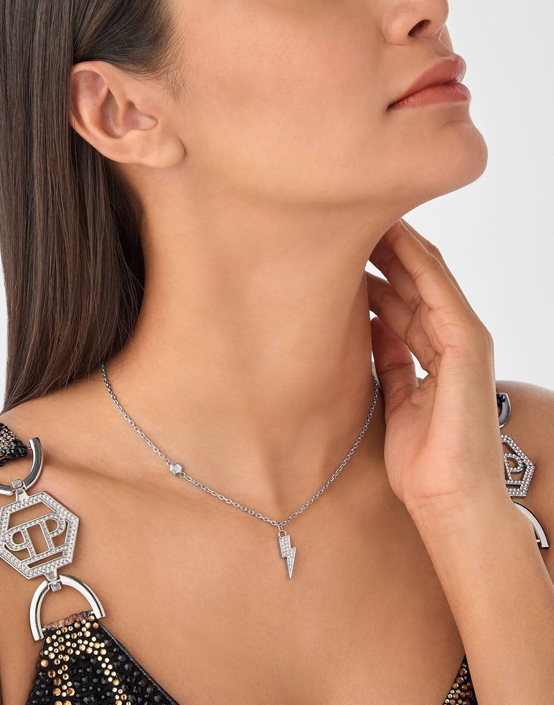 Philipp Plein Valentine Pendant Necklace featuring a lightning bolt with crystals available at Lestyle Boutique Melbourne