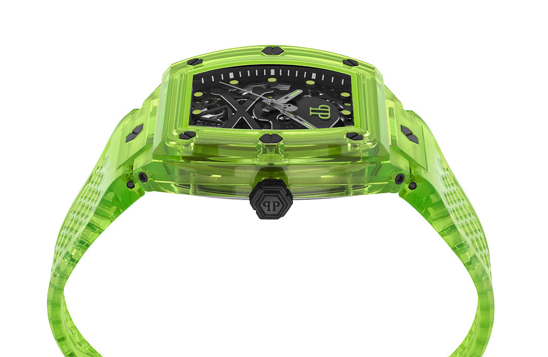 Philipp Plein skeleton crystal 44mm watch featuring green bio TPU strap available at Lestyle Boutique Melbourne