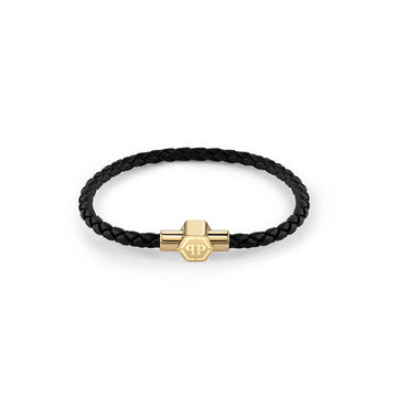 Philipp Plein men's hexagon magnetic black leather bracelet with yellow gold accents available at Lestyle Boutique Melbourne