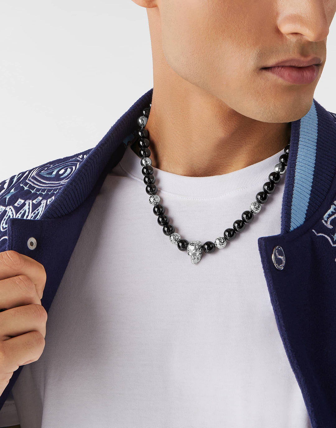 Plein Elite stainless steel onyx necklace featuring skull charm available at Lestyle Boutique Melbourne