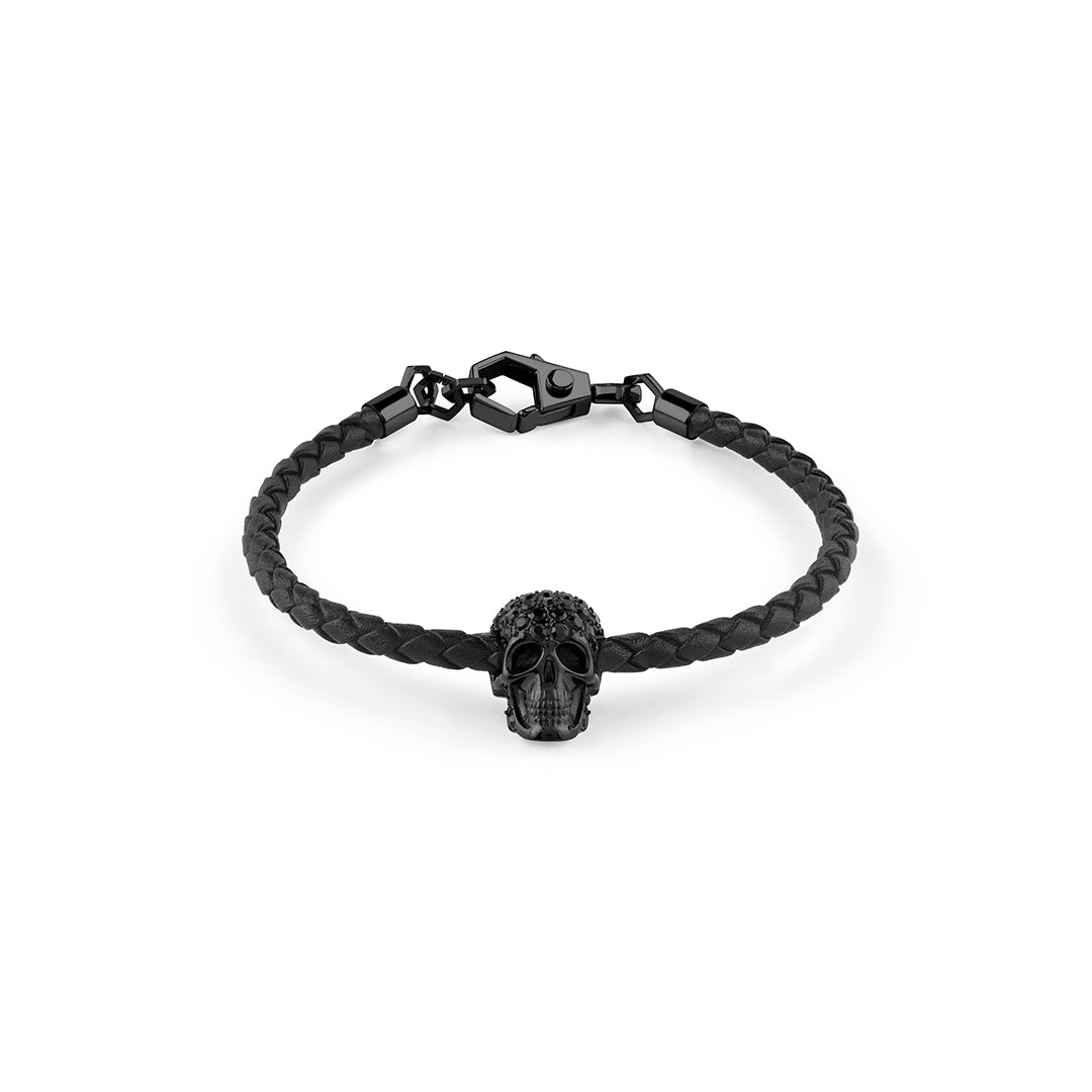 Plein Elite IP black crystal skull leather bracelet featuring a skull with black crystals available at Lestyle Boutique Melbourne