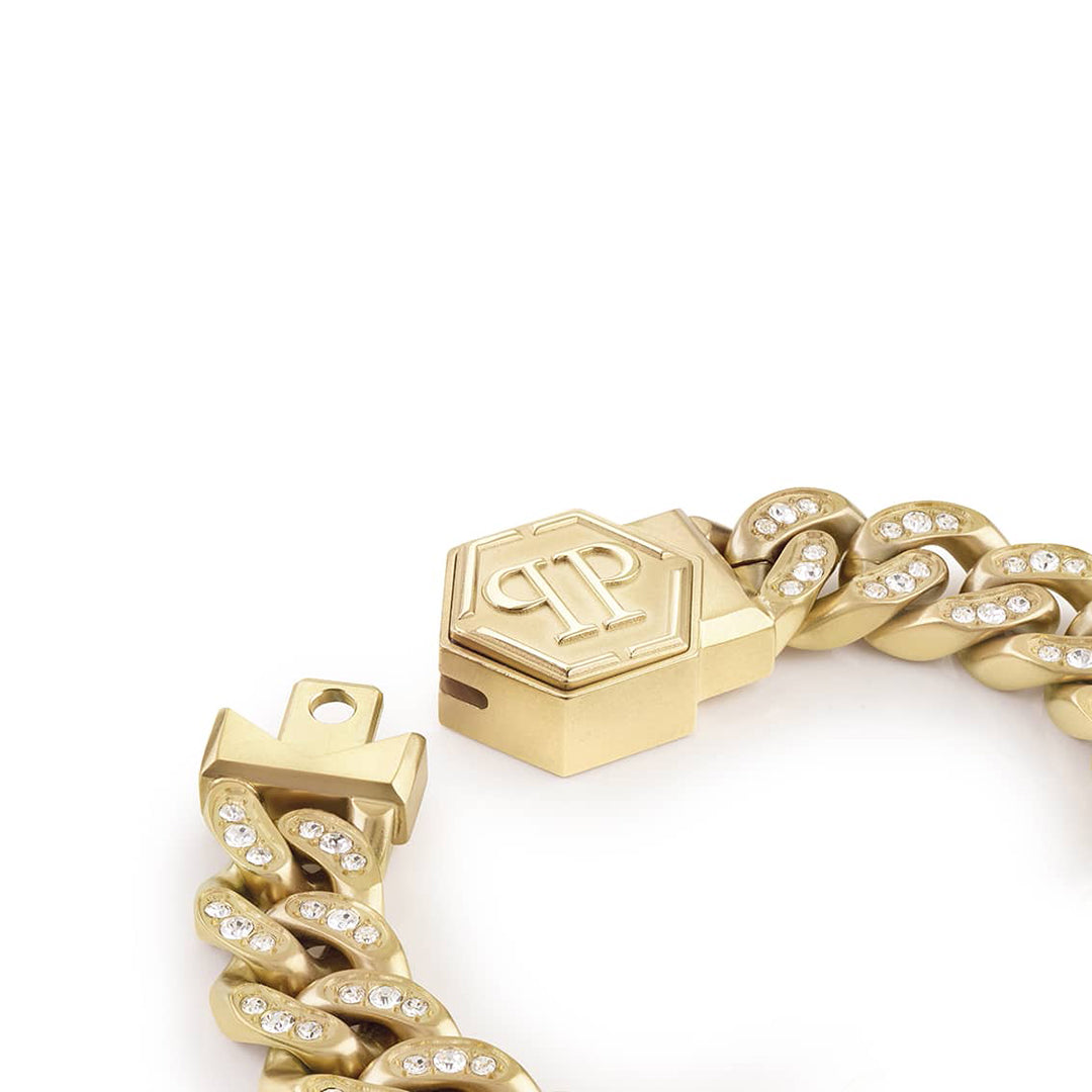 Philipp Plein Hexagon line necklace featuring white crystals and brushed gold plating available at Lestyle Boutique Melbourne