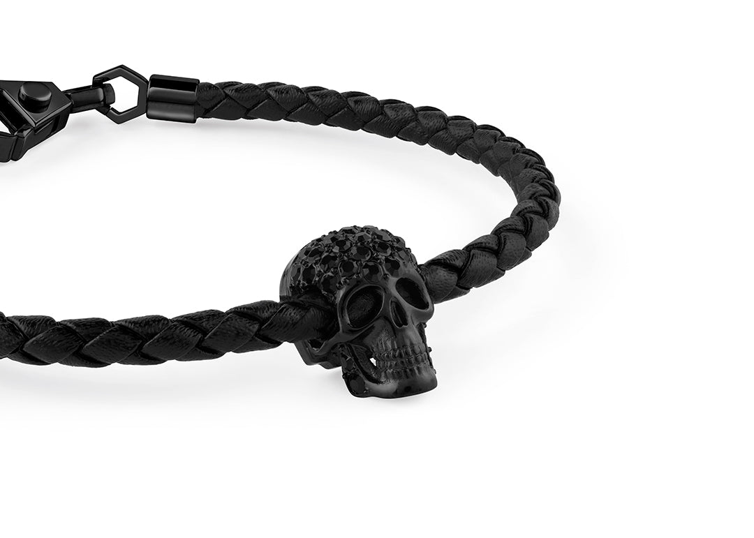 Plein Elite IP black crystal skull leather bracelet featuring a skull with black crystals available at Lestyle Boutique Melbourne