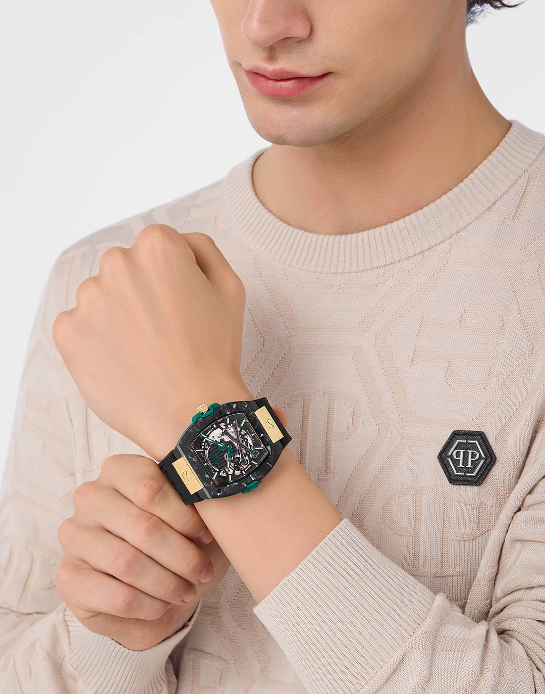 Philipp Plein Skeleton Auto Watch featuring black and green accents available at Lestyle Boutique Melbourne