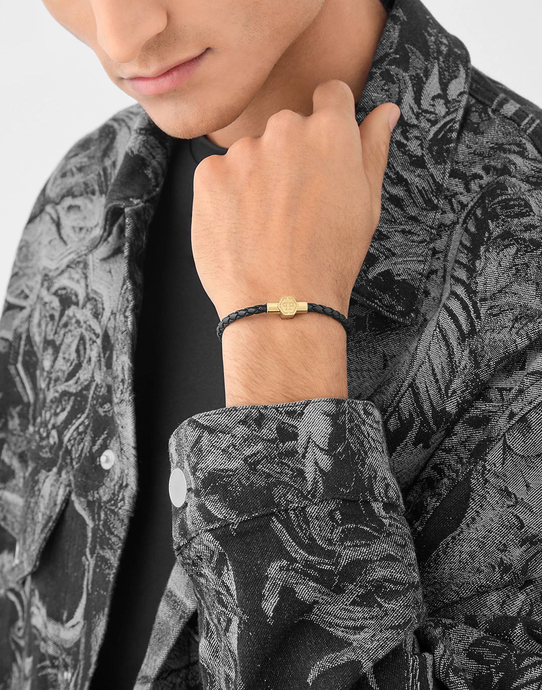 Philipp Plein men's hexagon magnetic black leather bracelet with yellow gold accents available at Lestyle Boutique Melbourne