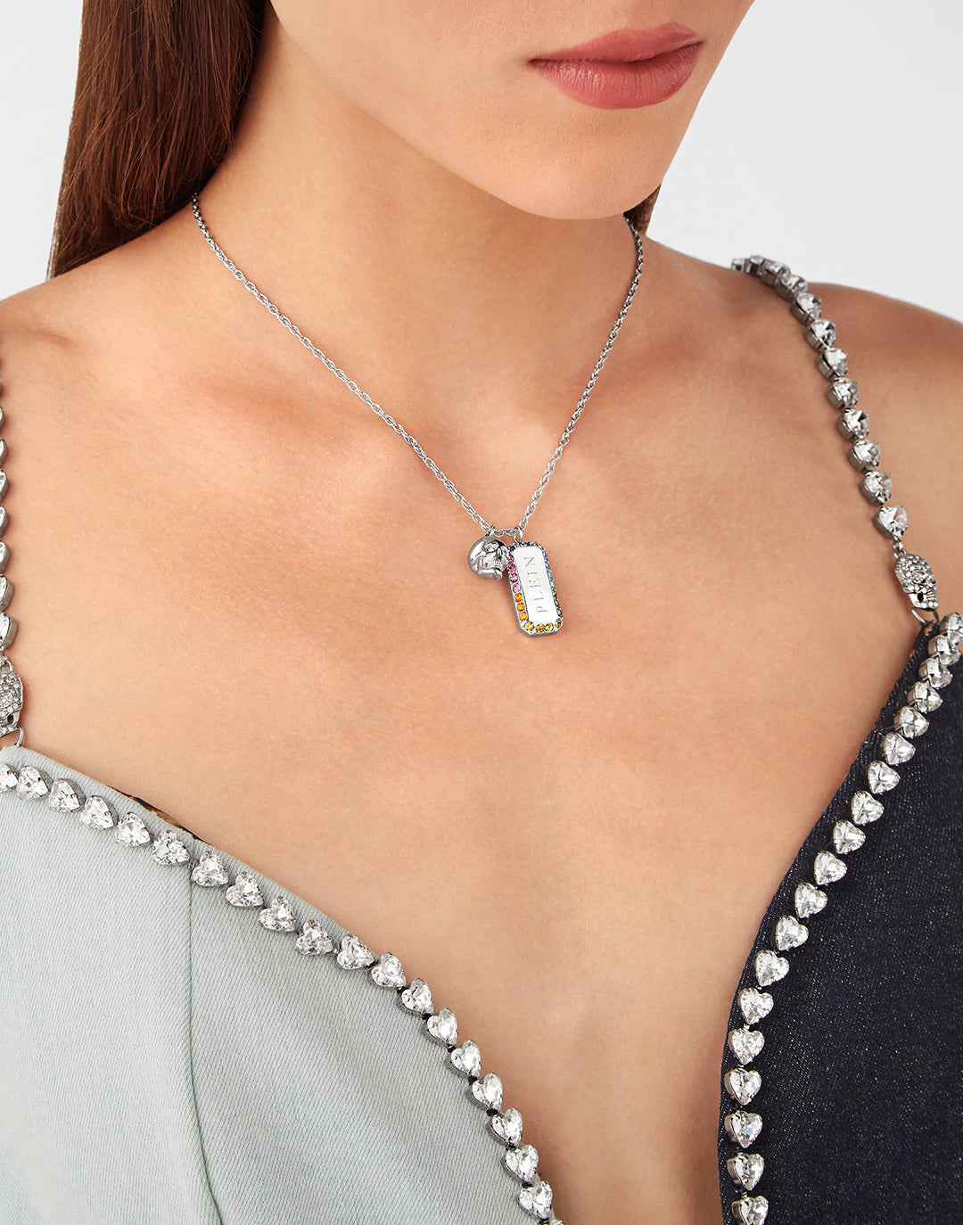 PLEIN CRYSTAL TAG stainless steel rainbow crystals long necklace available at Lestyle Boutique Melbourne