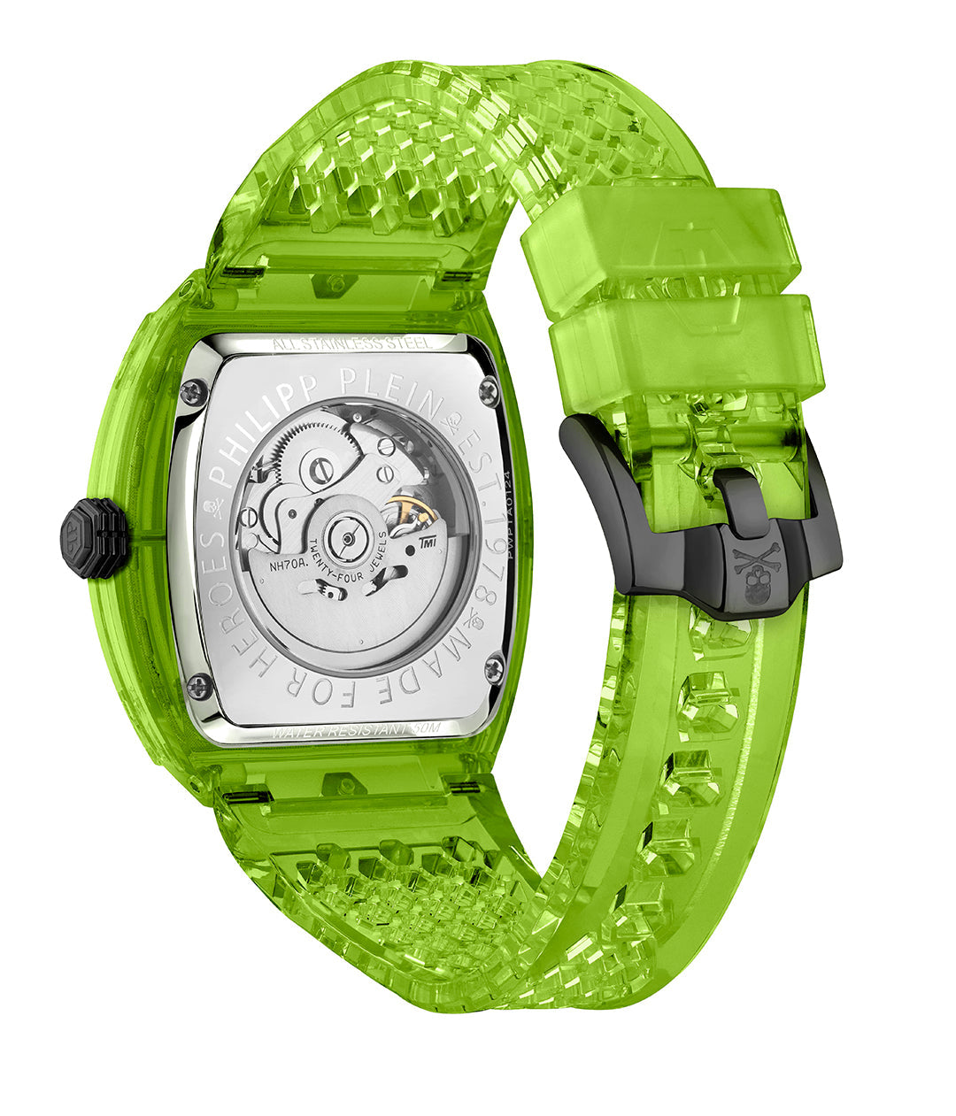 Philipp Plein skeleton crystal 44mm watch featuring green bio TPU strap available at Lestyle Boutique Melbourne