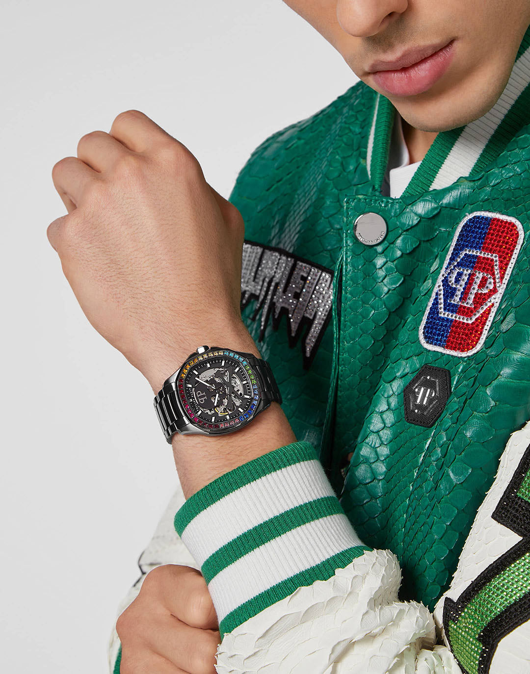 Philipp Plein Skeleton Spectre 42mm watch featuring colorful gemstones on bezel available at Lestyle Boutique Melbourne