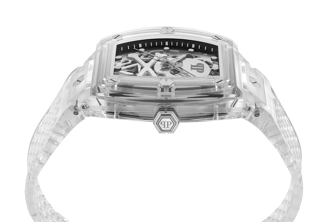 Philipp Plein Skeleton Crystal watch featuring a transparent case and band available at Lestyle Boutique Melbourne