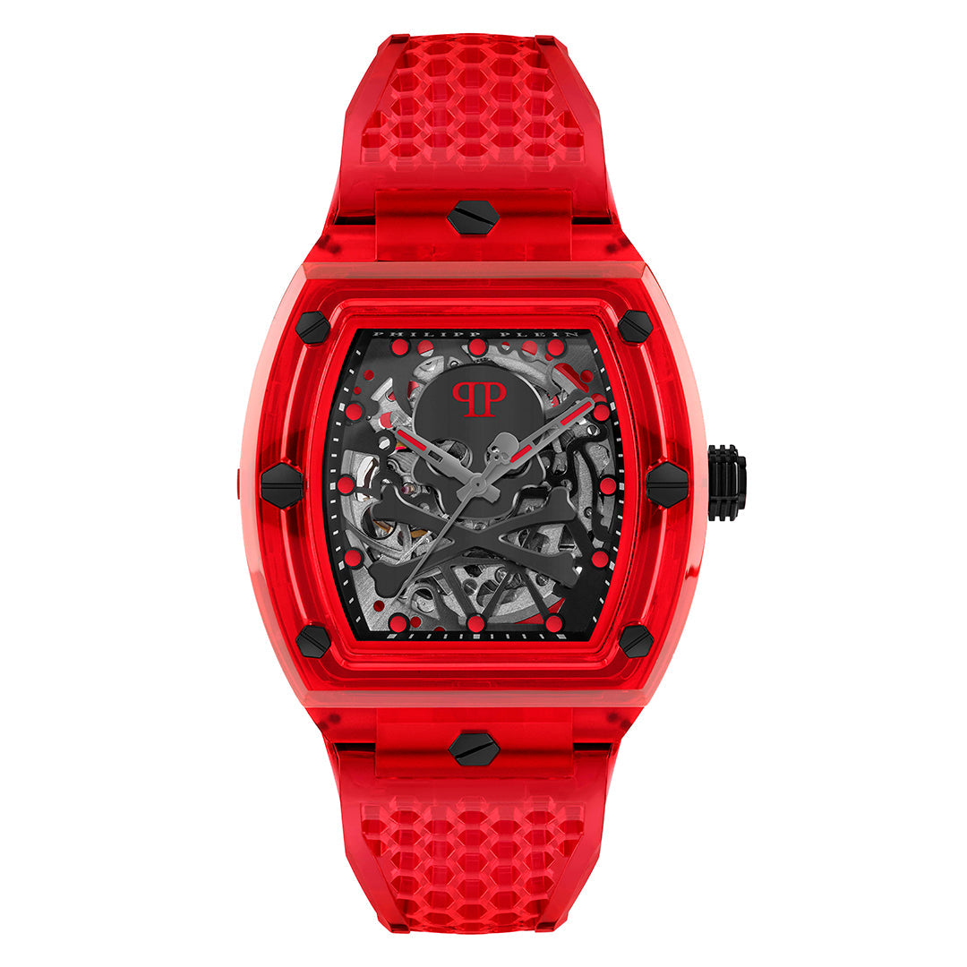 Philipp Plein Skeleton Crystal 44mm watch featuring a red case available at Lestyle Boutique Melbourne