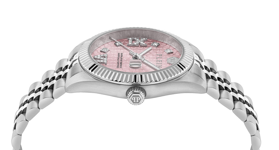 Philipp Plein Date Superlative watch featuring pink dial and crystal accents available at Lestyle Boutique Melbourne