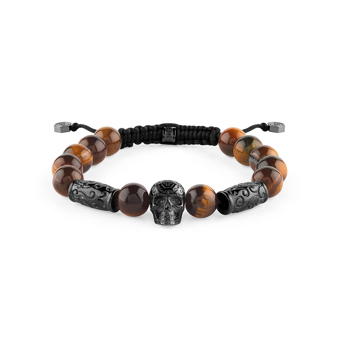 Plein Elite IP Gun tiger eye bracelet featuring a skull and onyx beads available at Lestyle Boutique Melbourne