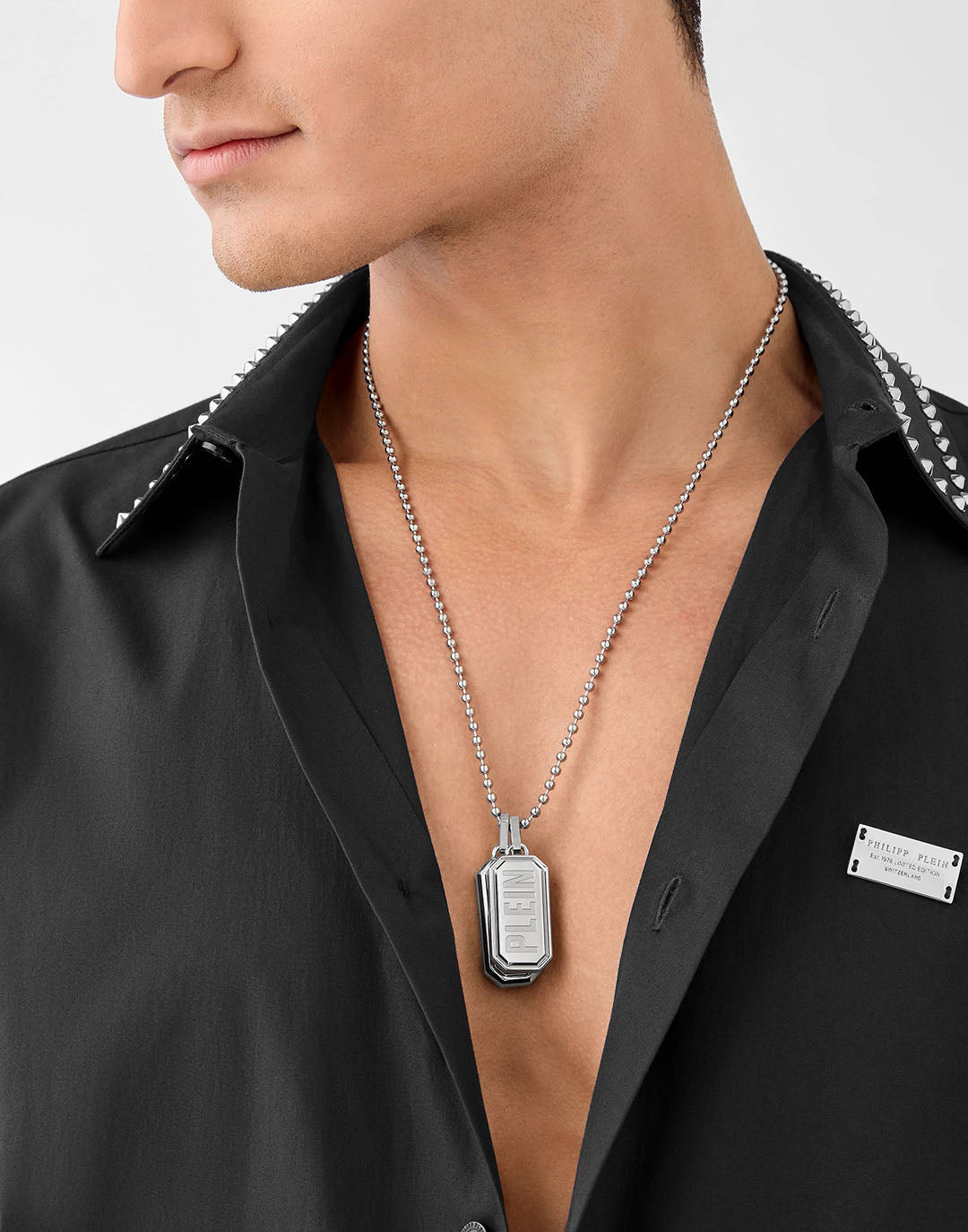Plein Double Tag stainless steel necklace featuring tags available at Lestyle Boutique Melbourne