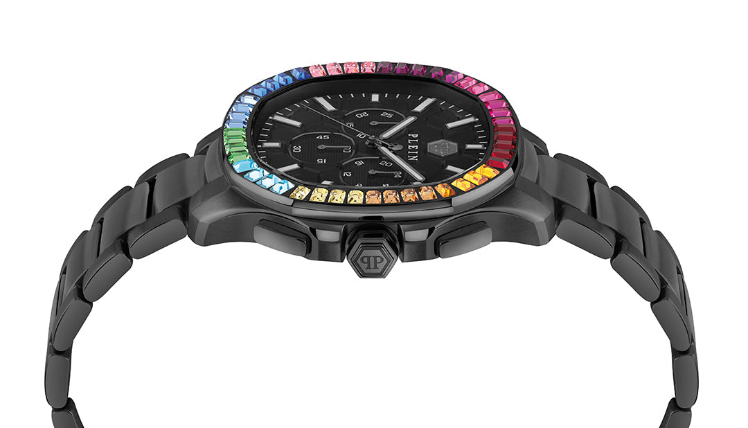 Plein chronograph watch featuring colorful gemstones around the bezel available at Lestyle Boutique Melbourne