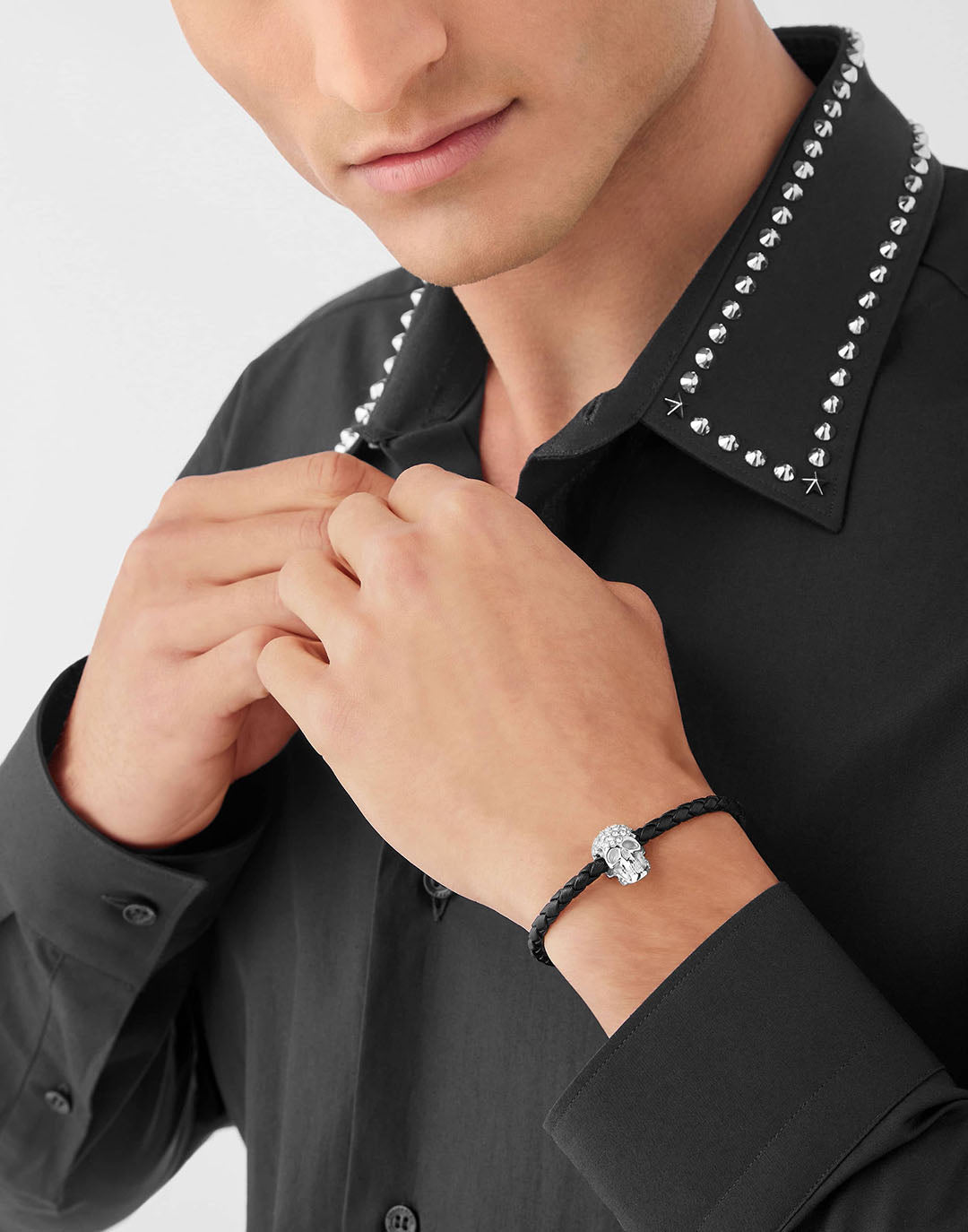 Plein Enigma stainless steel skull leather bracelet featuring crystal stones available at Lestyle Boutique Melbourne