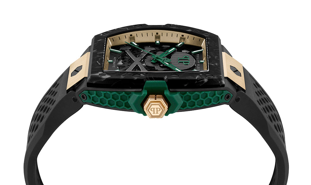 Philipp Plein Skeleton Auto Watch featuring black and green accents available at Lestyle Boutique Melbourne