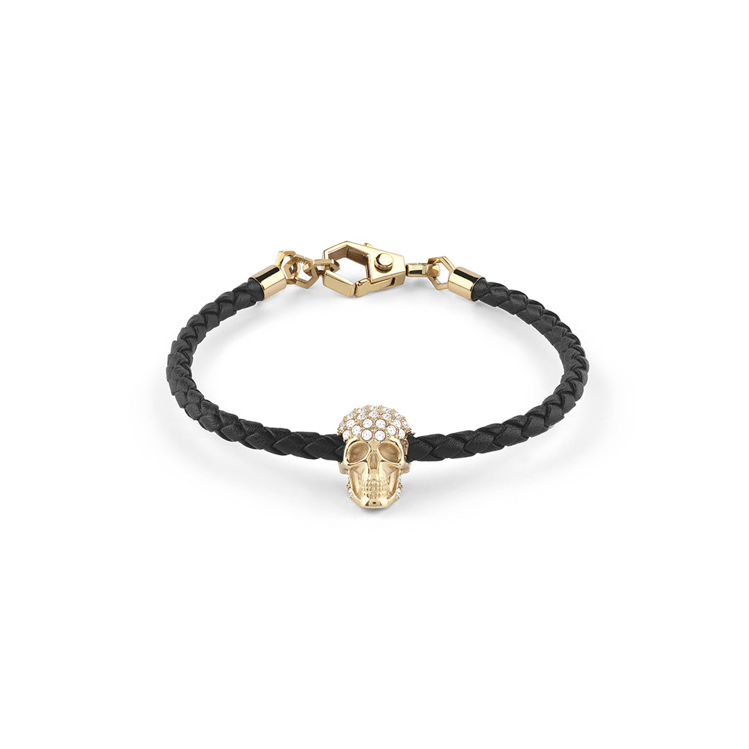 Philipp Plein PLEIN ENIGMA IP Yellow Gold crystal skull leather bracelet available at Lestyle Boutique Melbourne