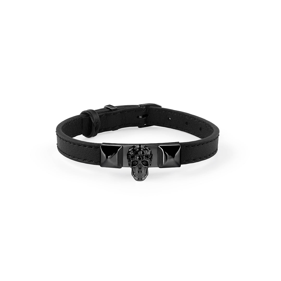 Plein Enigma unisex black leather bracelet with crystal skull available at Lestyle Boutique Melbourne