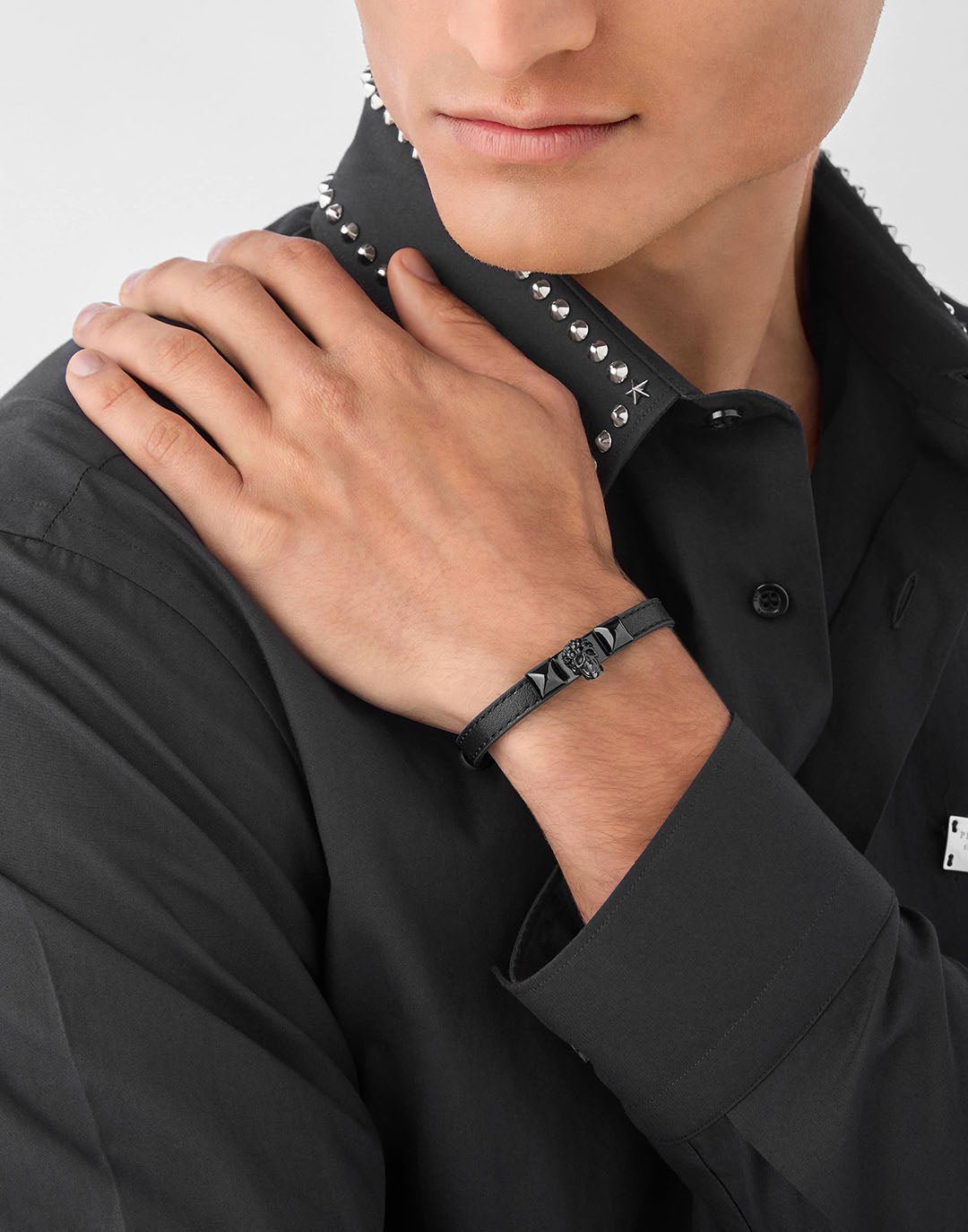 Plein Enigma unisex black leather bracelet with crystal skull available at Lestyle Boutique Melbourne