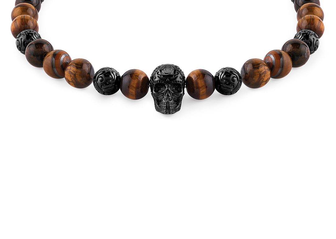 Plein Elite IP Gun tiger eye necklace featuring onix beads available at Lestyle Boutique Melbourne