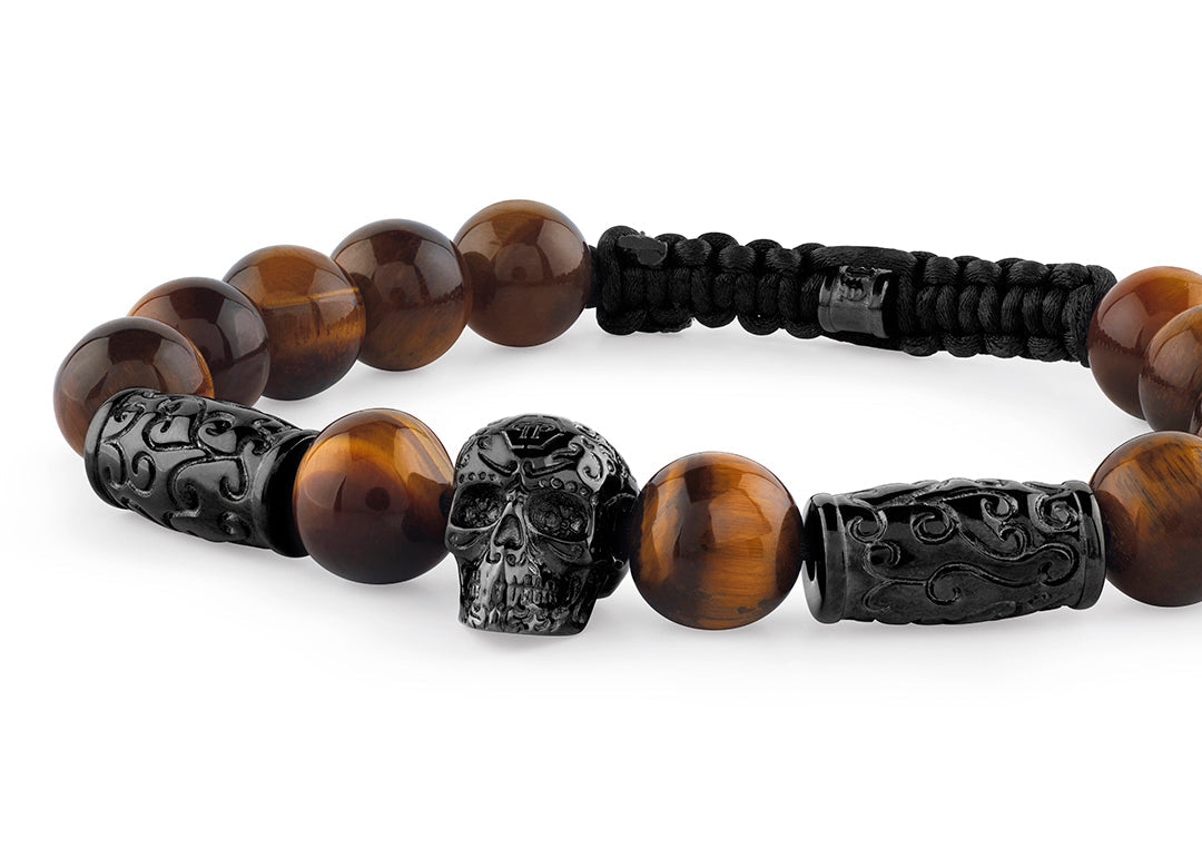 Plein Elite IP Gun tiger eye bracelet featuring a skull and onyx beads available at Lestyle Boutique Melbourne