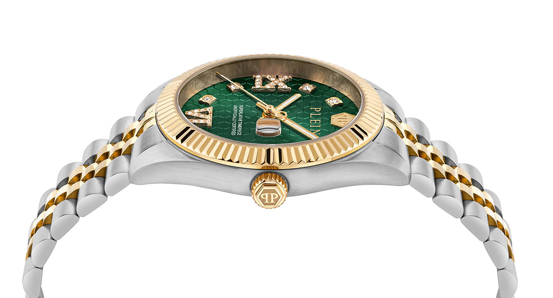 Plein Date Superlative watch featuring green dial and crystal details available at Lestyle Boutique Melbourne