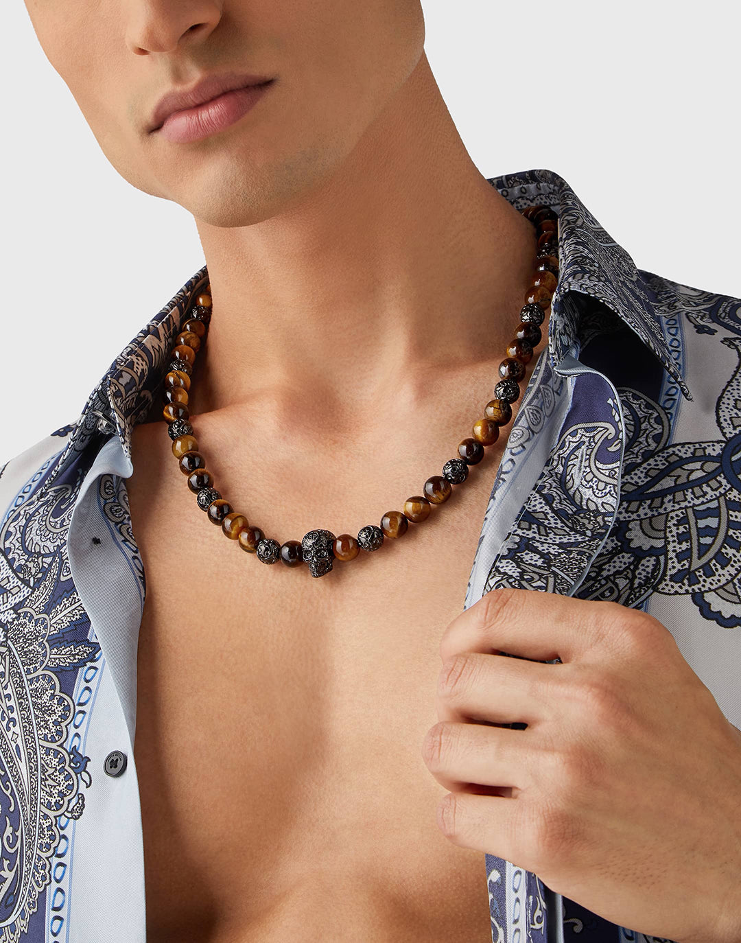 Plein Elite IP Gun tiger eye necklace featuring onix beads available at Lestyle Boutique Melbourne