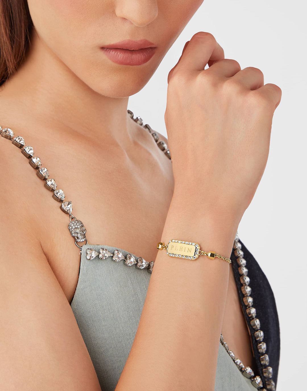 Plein Crystal Tag IP Yellow Gold Crystals bracelet available at Lestyle Boutique Melbourne