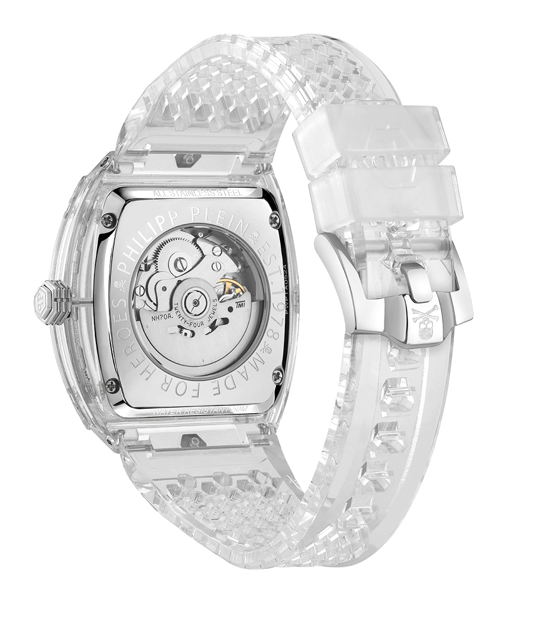 Philipp Plein Skeleton Crystal watch featuring a transparent case and band available at Lestyle Boutique Melbourne