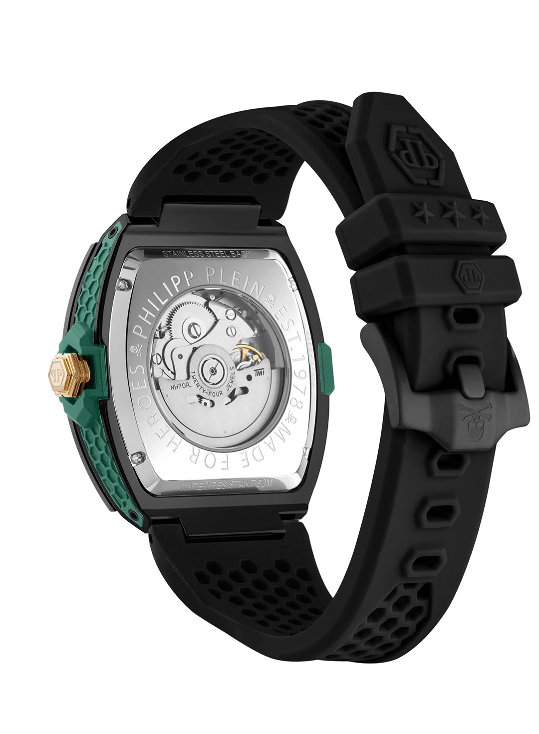Philipp Plein Skeleton Auto Watch featuring black and green accents available at Lestyle Boutique Melbourne