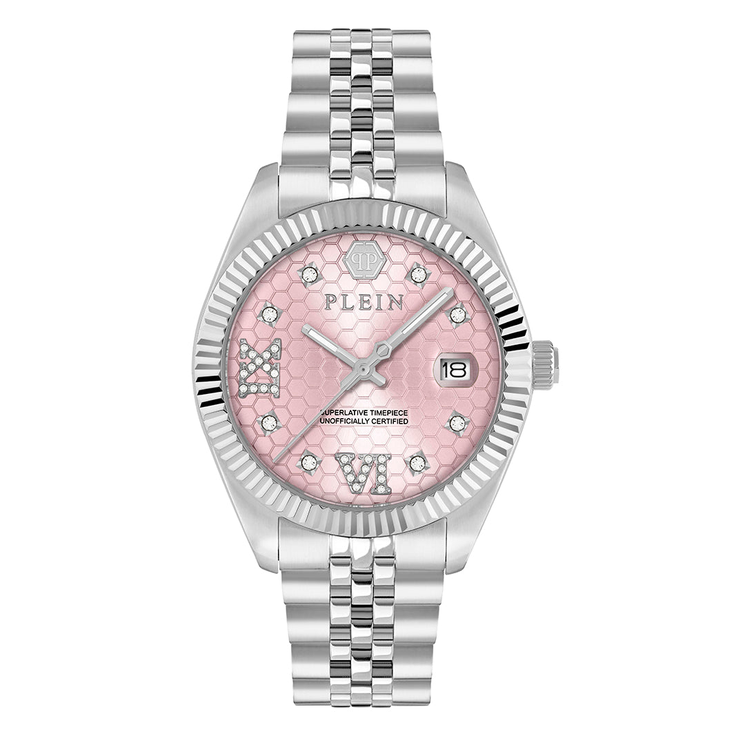 Philipp Plein Date Superlative watch featuring pink dial and crystal accents available at Lestyle Boutique Melbourne