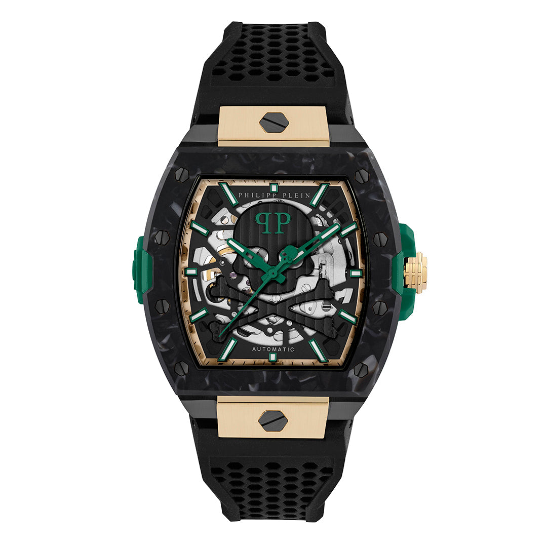 Philipp Plein Skeleton Auto Watch featuring black and green accents available at Lestyle Boutique Melbourne